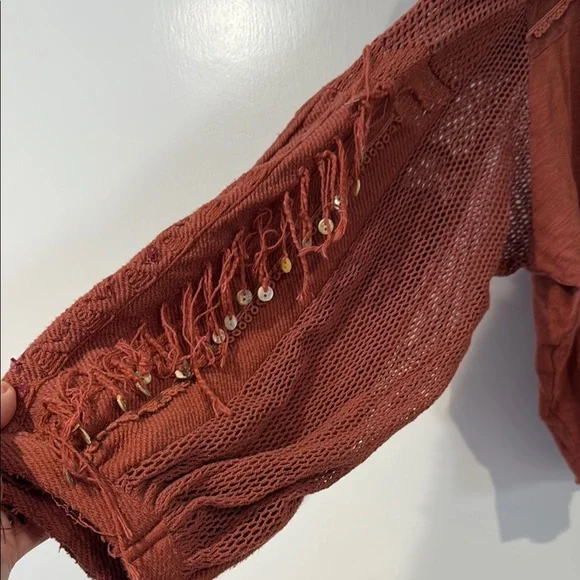 Free People Bohemian Rust Top with Crochet Sleeves - Picture 2 of 5